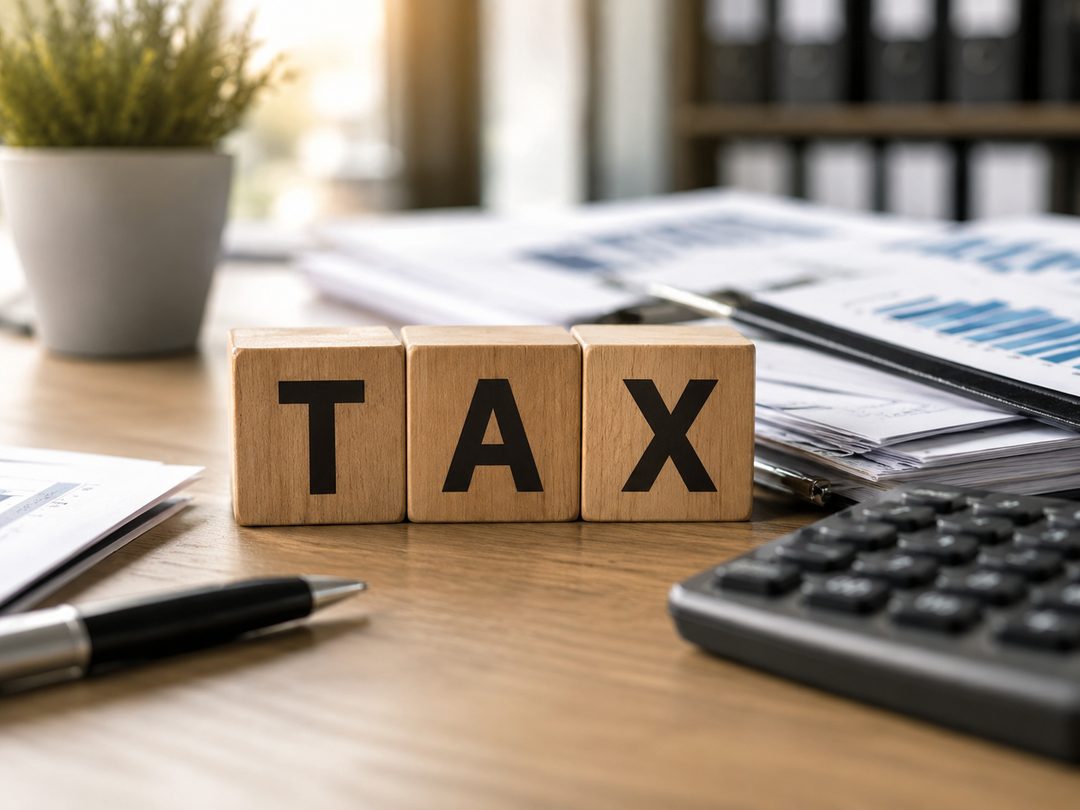 Wooden blocks spelling TAX on a desk beside financial paperwork