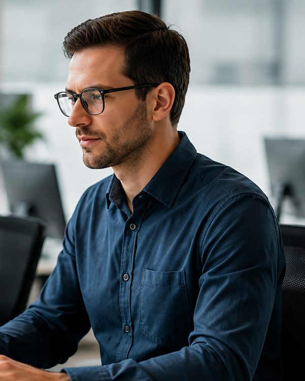 A tax preparation specialist working at a desktop computer
